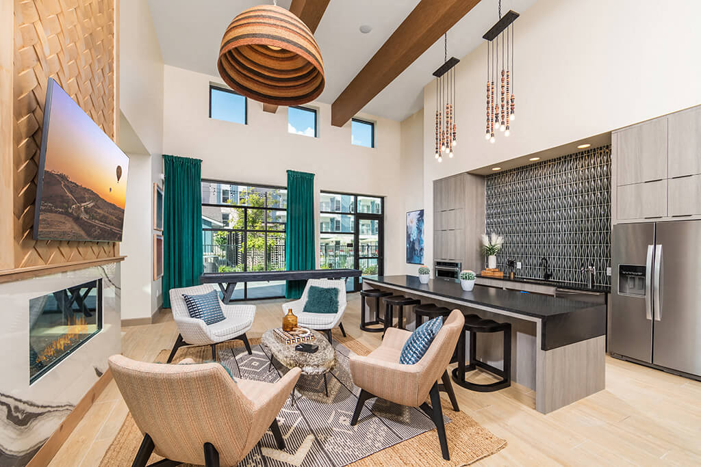 Swimming pool at dusk at 1900 Parmer Apartments in Austin TX